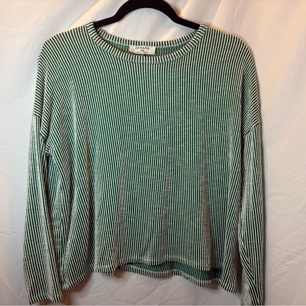 Zenana Outfitters Vertical Striped Green & White Pullover - Picture 3 of 4